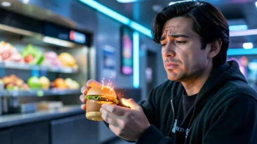 A person in a modern, slightly futuristic setting, looking stressed while reaching for a glowing, high-calorie fast food item, with healthy options blurred in the background.