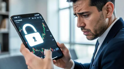 A person looking at a stock chart on a mobile phone with a worried expression, a broken padlock icon superimposed on the screen, indicating frozen assets, in a modern, professional style.