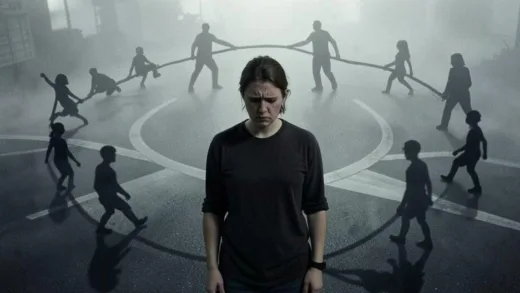 A person looking confused and sad, standing at a crossroads, with shadowy figures representing past bad relationships repeating in a cycle around them. The atmosphere is a bit hazy and introspective.