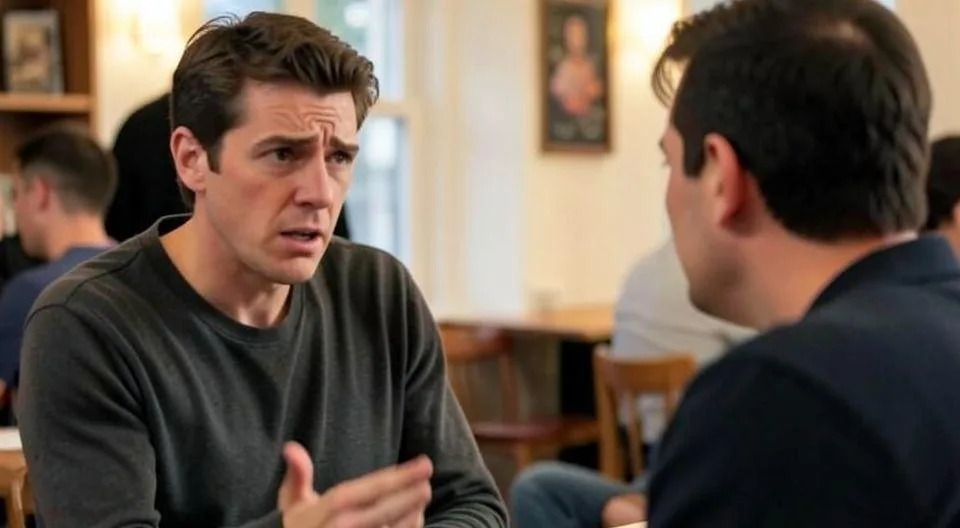 A person looking confused and slightly annoyed at another person's actions in a casual social setting, indicating a breach of unspoken etiquette.