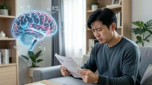 A person looking stressed while looking at financial documents, with abstract brain imagery showing parts of the brain being affected by stress, in a modern Korean apartment setting.