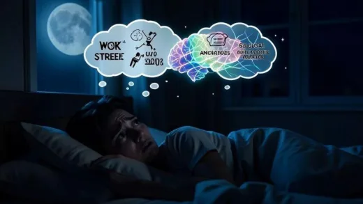 A person lying in bed at night with worried expression, thought bubbles showing work stress and social anxieties floating above their head, dimly lit bedroom with moonlight through window, conceptual illustration of brain activity with neural connections glowing