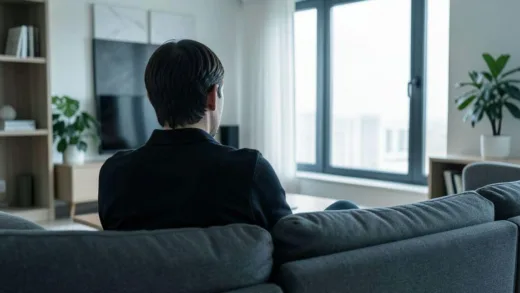 A person, seen from behind, sitting on a sofa in a modern, clean living room. The person looks tired and withdrawn, even though the surroundings suggest a successful life. The lighting is soft but slightly melancholic.
