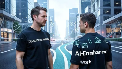 A person standing at a crossroads, with one path clearly labeled "Traditional Work" and the other "AI-Enhanced Work." The person is looking thoughtfully at the AI path, which has symbols of data, agents, and innovation. The background is a modern, slightly futuristic cityscape.