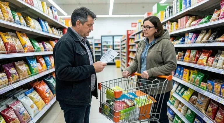 A person standing in a supermarket aisle looking at a shopping cart with mixed emotions, holding a receipt with rising prices, thinking about consumption choices in an inflationary era