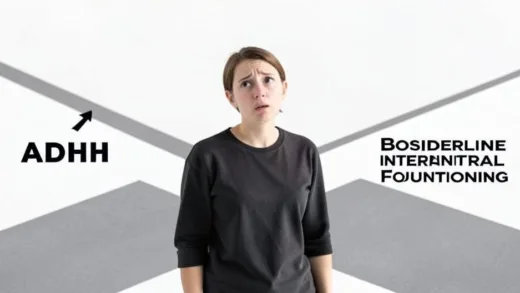 A person stands at a crossroads, looking confused. One path is labeled "ADHD" and the other "Borderline Intellectual Functioning". The overall mood is thoughtful and slightly puzzled, with a clean, modern aesthetic.