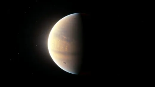 A planet tidally locked to its star, showing one side always facing the bright star while the other side remains in perpetual darkness, with visible gravitational forces stretching the planet slightly