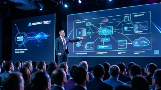 A powerful CEO figure standing on stage pointing at a complex diagram showing full-stack AI architecture with hardware, software, and cloud layers interconnected, audience watching intently in a tech conference setting, futuristic lighting.