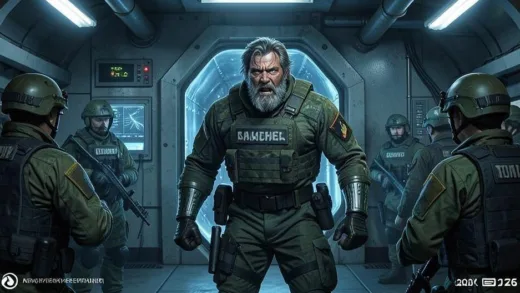 A powerful, grizzled superhero, Soldier Boy, emerging from a cryogenic chamber, surrounded by modern military personnel in a dimly lit, high-tech Russian facility in 2026, with a look of confusion and determination.