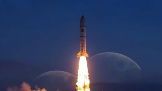 A powerful SLS rocket launching into a twilight sky, with the Earth faintly visible in the background. The moon is a distant, majestic presence.