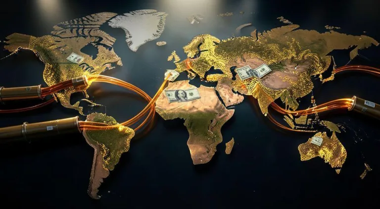 A powerful visual metaphor showing US dollar bills flowing like oil through pipelines across a global map, with major oil producing countries highlighted in gold, cinematic lighting, hyper-realistic detail