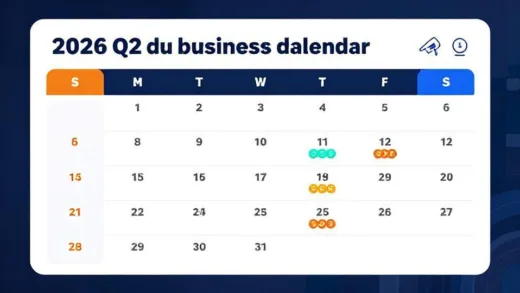 A professional business infographic showing 2026 Q2 small business policy funds calendar with important dates highlighted, digital interface with calendar markers and financial symbols