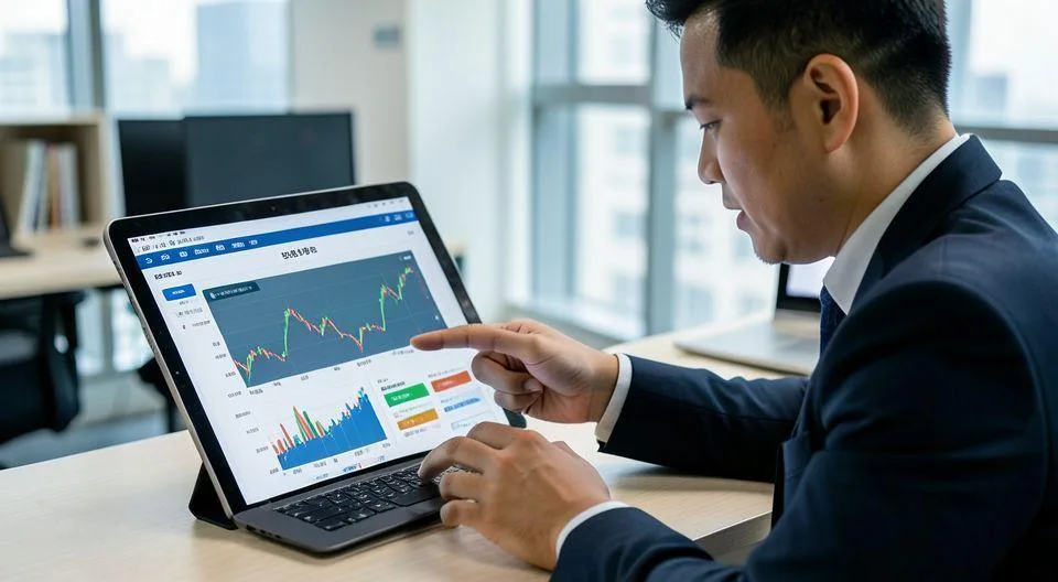 A professional Korean stock investor pointing at a strategic investment plan on a tablet, showing charts and risk management strategies, modern office background, realistic style