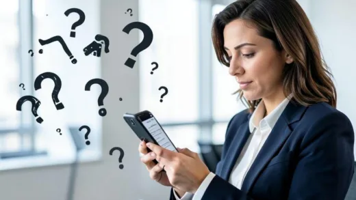 A professional office worker looking at a payslip on a smartphone with question marks floating around, symbolizing confusion about tax deductions and refunds.