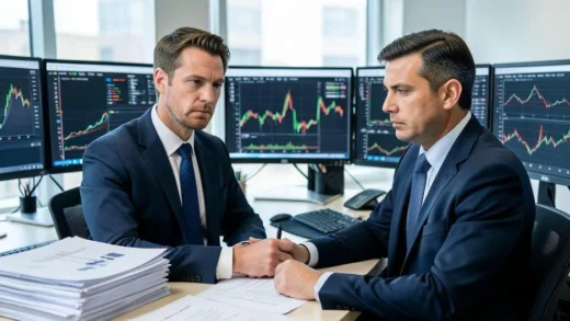 A professional private equity fund manager analyzing financial charts and documents in a modern office, with stacks of reports and multiple monitors displaying market data, serious expression focused on long-term investment strategy.