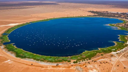 A satellite view of Lake Eyre in Australia, showing it transformed into a vast blue inland sea after heavy rainfall in 2025. Thousands of pelicans are visible flying above the water, with vibrant green vegetation beginning to appear around the edges of the lake, signifying new life in the desert. The landscape is dramatic and awe-inspiring, highlighting the stark contrast between the usual arid desert and the temporary abundance of water.