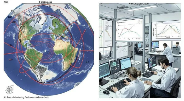 A scientific illustration showing seismic waves propagating through Earth's layers, with graphs of earthquake data and researchers analyzing real-time monitoring systems in a modern laboratory.