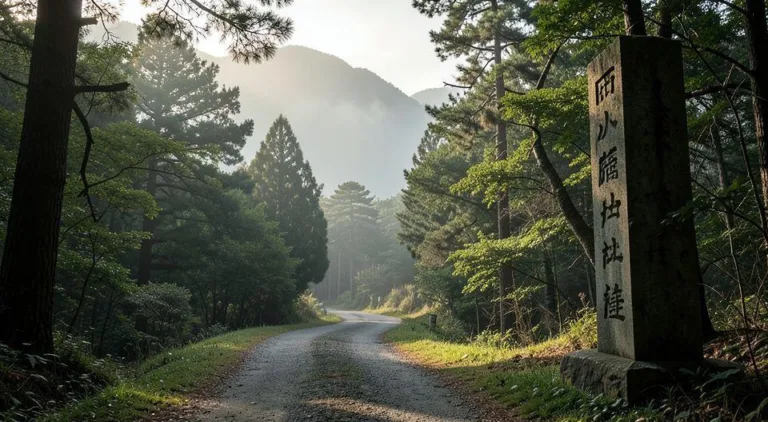 A serene path winding through the forest of Yeongwol, with misty mountains in the background and a historical stone marker, representing the start of King Danjong's exile route, cinematic, atmospheric, morning light