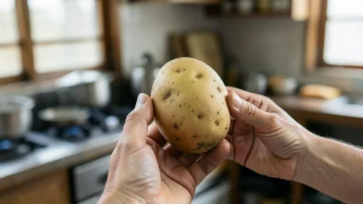 A serene, slightly aged Korean hand gently holding a fresh potato, with a blurred background showing a traditional Korean kitchen. Soft, natural light.