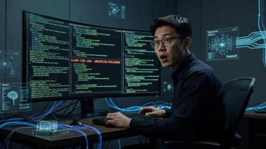 A shocked programmer looking at a screen filled with leaked code, reflecting the unexpected nature of the Claude code leak. The scene is futuristic with subtle AI elements.