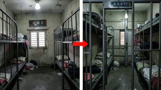 A shocking visual comparison showing a Hong Kong cage home next to a prison cell, highlighting the extreme living conditions with cramped metal bunk beds in a tiny space.