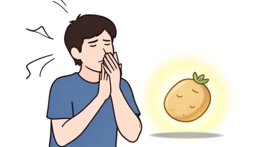 A simplified illustration of a person feeling relief from inflammation, with a glowing potato near them.