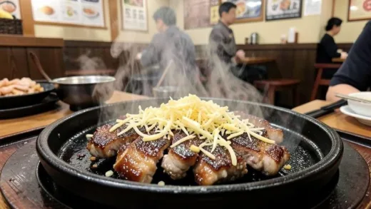 A sizzling plate of Korean garlic ribs (마늘 갈비) with generous amounts of thinly sliced garlic covering the meat, steam rising from the hot plate in a traditional Korean restaurant setting