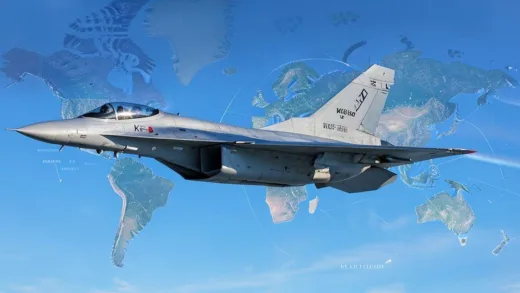 A sleek KF-21 fighter jet soaring through a clear blue sky, with a background showing a global map and subtle indications of international interest. Dynamic lighting, realistic.