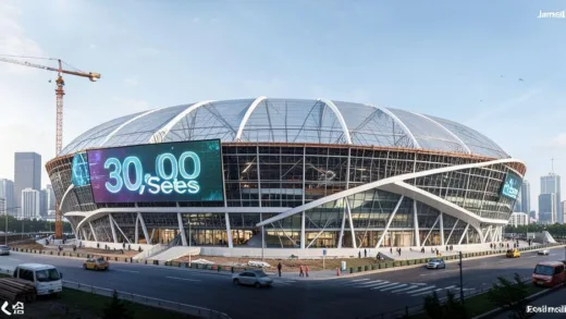 A sleek, modern architectural rendering of the new Jamsil Dome Stadium under construction, with a prominent sign showing "30,000 Seats," digital art, urban skyline in background.