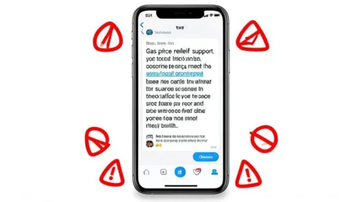 A smartphone screen showing a fake text message about gas price relief support with a suspicious URL link, warning signs and red alert symbols around it