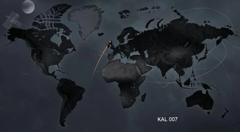 A somber image of a world map with a flight path leading into a restricted area, symbolizing the KAL 007 incident, with a faint outline of a satellite in the background.