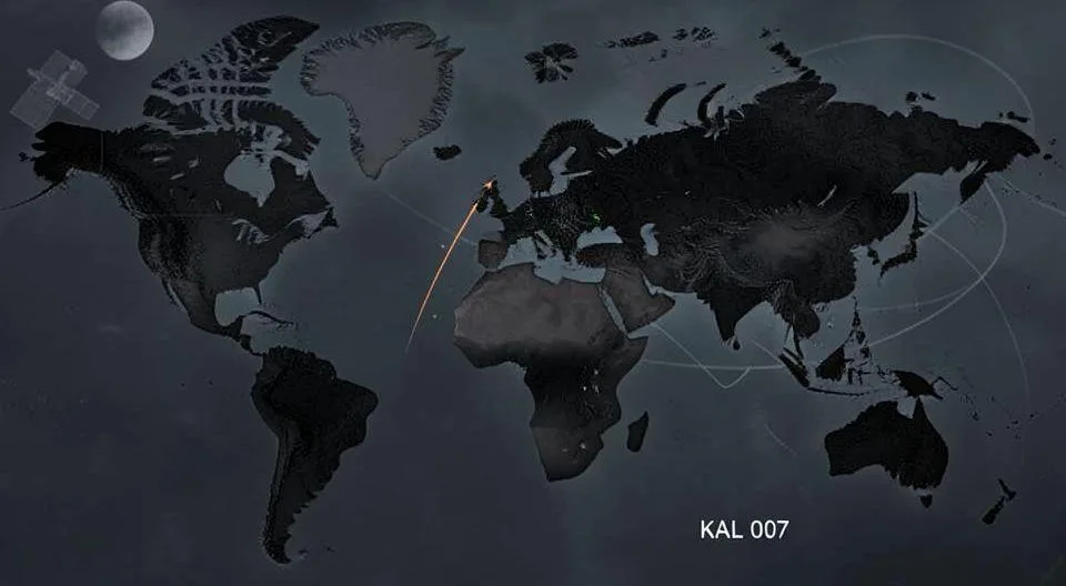A somber image of a world map with a flight path leading into a restricted area, symbolizing the KAL 007 incident, with a faint outline of a satellite in the background.