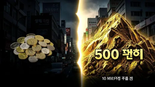 A stark visual contrast showing wealth inequality: on the left, a small pile of coins representing 10 million won, and on the right, a massive golden mountain representing 500 million won, with a widening gap between them in a Korean urban setting, infographic style, dramatic lighting