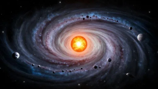 A stunning artistic representation of the Oort Cloud as a giant spherical shell of icy bodies surrounding our solar system, with the Sun at the center and planets as tiny dots in the inner region, set against the backdrop of the Milky Way galaxy.