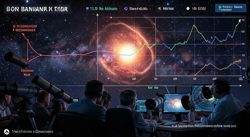 A stunning cosmic visualization showing the timeline from the Big Bang to the present, with a focus on cosmic background radiation measurement. The image should depict scientists analyzing data from telescopes with graphs showing 13.8 billion year timeline.