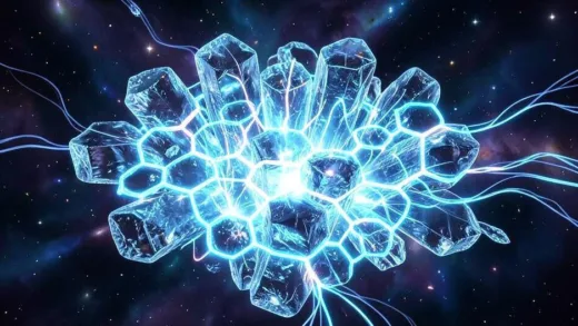 A surreal scientific illustration of superionic ice, showing oxygen atoms in a crystalline lattice with hydrogen ions flowing like electricity through the structure, glowing with energy in a cosmic environment.