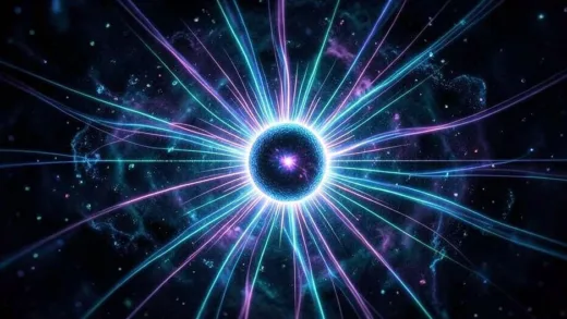 A surreal visualization of an electron as a point particle with infinite energy fields radiating around it, quantum foam background, digital art style
