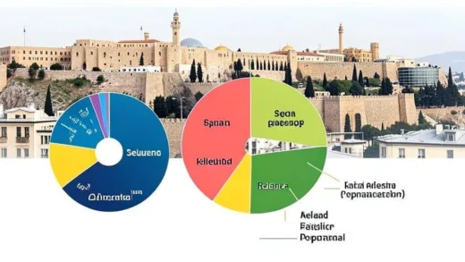 A symbolic illustration showing demographic change in Israel, with pie charts transforming from secular to religious populations, against a backdrop of Jerusalem's ancient and modern architecture mixed together.