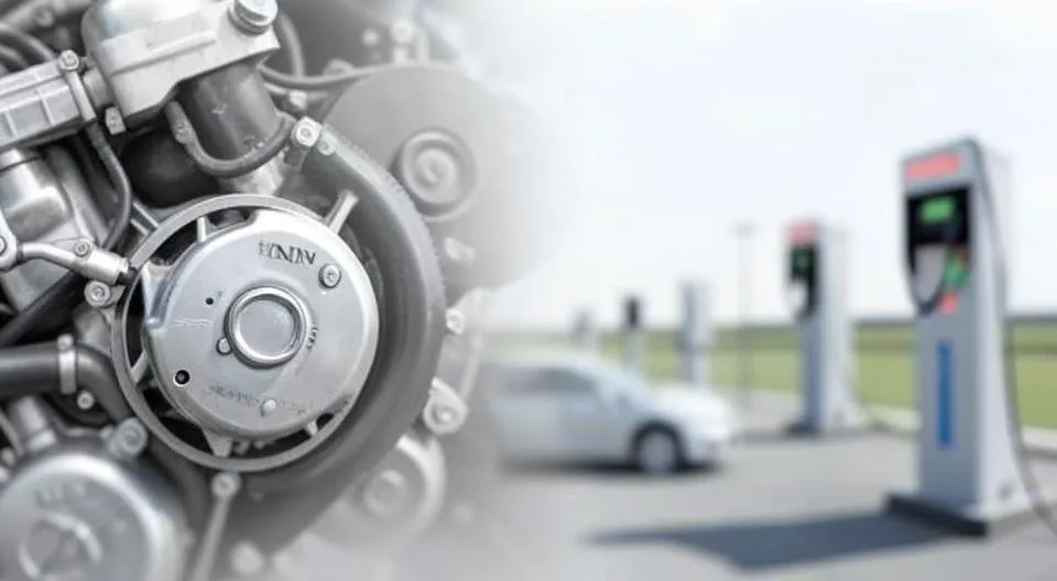 A symbolic image showing Honda's transition from combustion engine leadership to electric vehicle struggle, with classic Honda engines fading into background while modern EV batteries and charging stations appear blurry and distant.