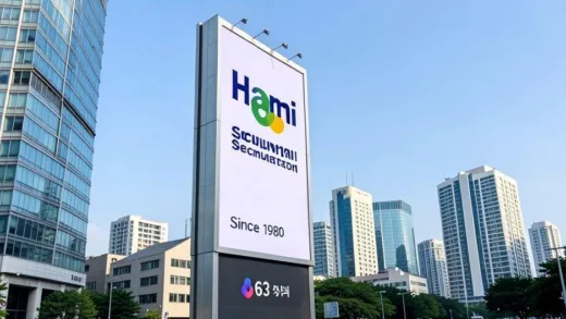 A tall advertising billboard in front of 63 Building in Seoul with Hanmi Semiconductor logo and 'Since 1980' text, modern city skyline in background, daytime lighting