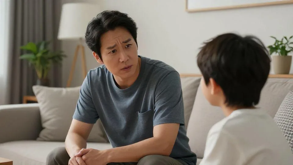 A thoughtful 80s-born Korean parent, looking concerned as their child avoids a small challenge, in a modern, slightly over-decorated living room.