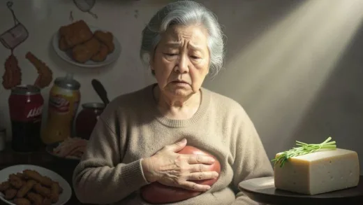 A thoughtful elderly Korean woman looking concerned while holding her liver area, with shadows of unhealthy food (fried items, sugary drinks) in the background, a light ray of hope shining on a chive and a block of tofu.