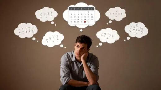 A thoughtful person sitting in a quiet room, surrounded by floating thought bubbles containing different perspectives on the same problem, with a calendar showing frequent dates marked for reflection, digital art style with warm lighting.