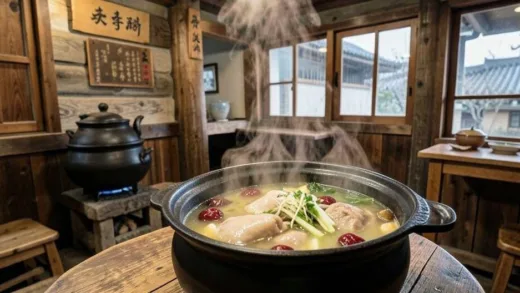 A traditional Korean samgyetang restaurant in Seoul with rustic wooden decor, showing a steaming bowl of chicken soup with ginseng and jujubes, focus on the authentic atmosphere and traditional cooking pots.