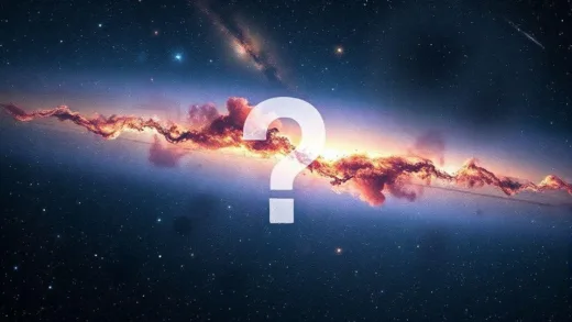 A vast cosmic landscape showing galaxies, stars, and nebulae with a question mark overlay, representing the mystery of cosmic matter origin, digital art style