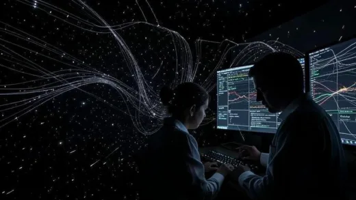 A vast, dark space with countless radio waves, some natural-looking, others artificial and patterned, flowing through. A scientist is looking intently at a screen full of complex data, trying to distinguish signals.