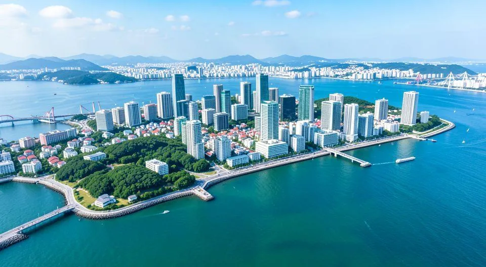 A vibrant aerial view of Incheon city blending urban skyline with coastal areas, showing the perfect balance between modern architecture and natural landscapes for a day trip destination in 2026.