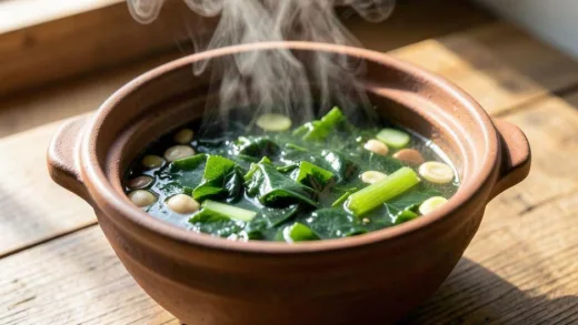 A vibrant and healthy bowl of seaweed soup with various nutritious ingredients, showing the natural green color of seaweed in a traditional Korean earthenware pot, with steam rising, on a wooden table with natural lighting.