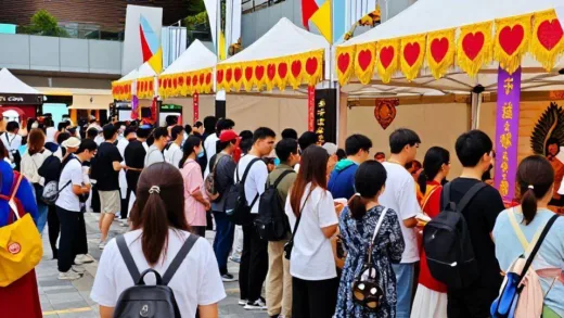 A vibrant, crowded festival scene at COEX with young people gathering for a Buddhist cultural event in 2026. Shows long queues, diverse age groups, and modern Buddhist decorations. Bright colors, dynamic atmosphere, daytime setting.