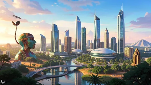 A vibrant, futuristic city skyline in Africa, representing a hopeful vision of "Africa's Singapore", with traditional African elements subtly integrated.
